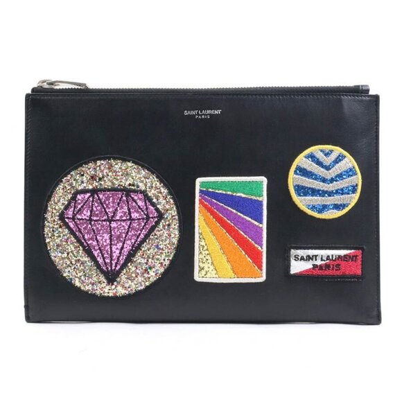Auth SAINT LAURENT Clutch Bag Black/Multicolor Leather authentic - Picture 1 of 16